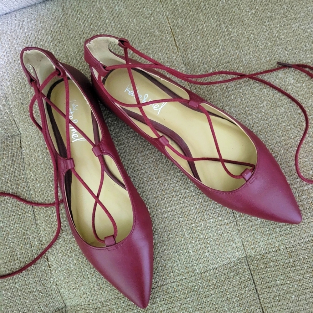 NWOT Kate & Mel lace up ballet maroon red flats. Never worn! Size 5.5